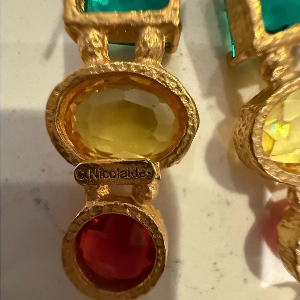 Clara Nicolaides Multicolor Gem Earrings Baroque Pearl Drop Gold Designer - Picture 5 of 5